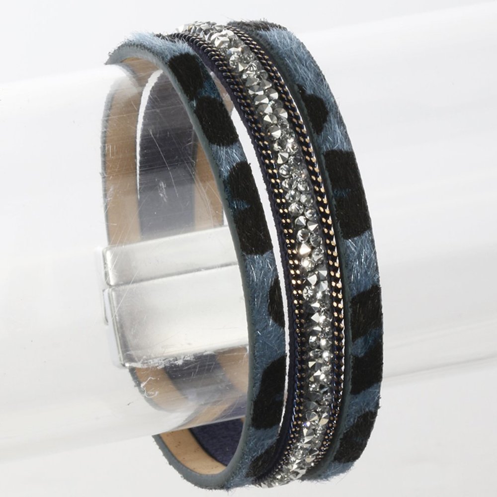 Boho Eclectic Grey Leopard Print & Rhinestone Wrap Bracelet